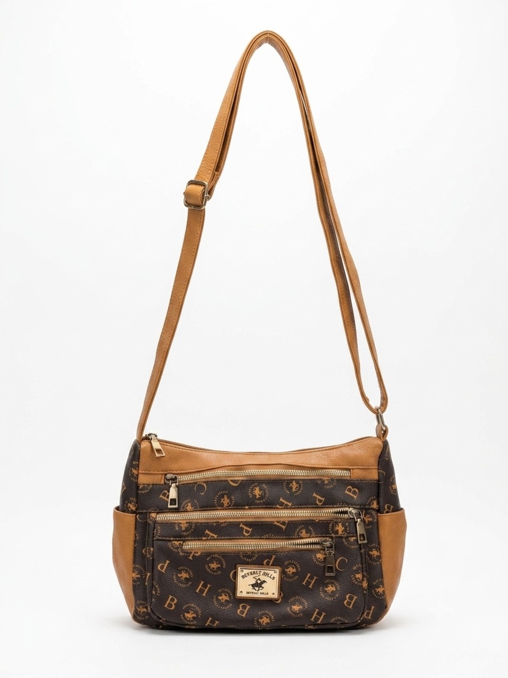 Beverly Hills Polo Club Brown & Tan Monogram Crossbody Bag